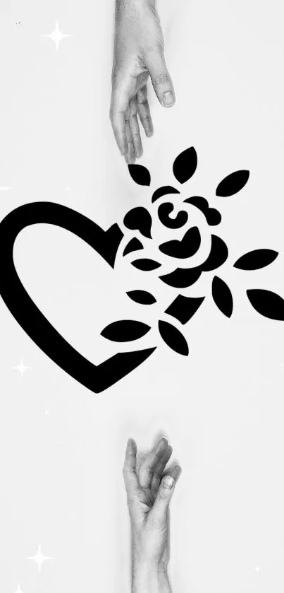 Black heart and floral design on white background with hands reaching.