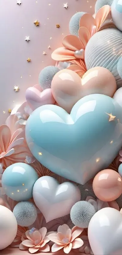 Romantic pastel heart and floral mobile wallpaper design.