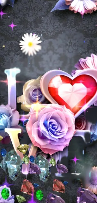 Romantic floral heart wallpaper with gemstones and blossoms on dark background.