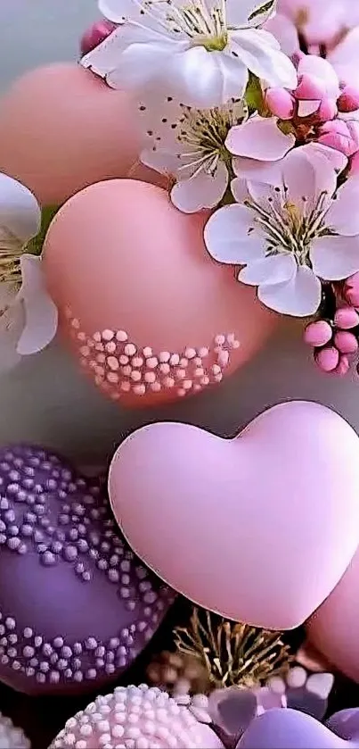 Pink and purple heart shapes with flowers in a romantic design.