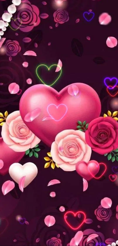 Romantic wallpaper with pink hearts and roses.