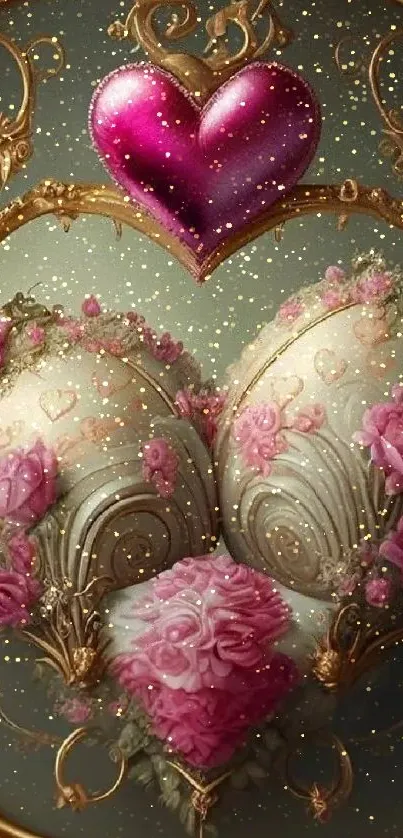 Romantic heart and roses wallpaper with gold details.