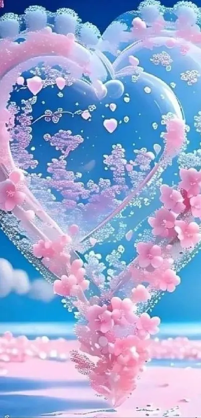 Romantic pink heart wallpaper with flowers in blue sky.