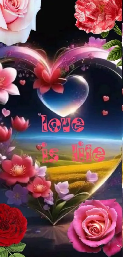 Romantic floral heart with vibrant flowers and love theme.