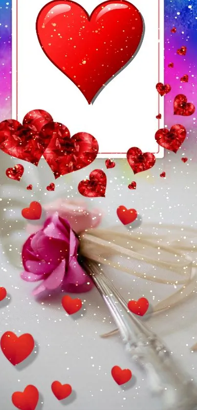 Romantic wallpaper with red hearts and a pink flower on mobile screen.