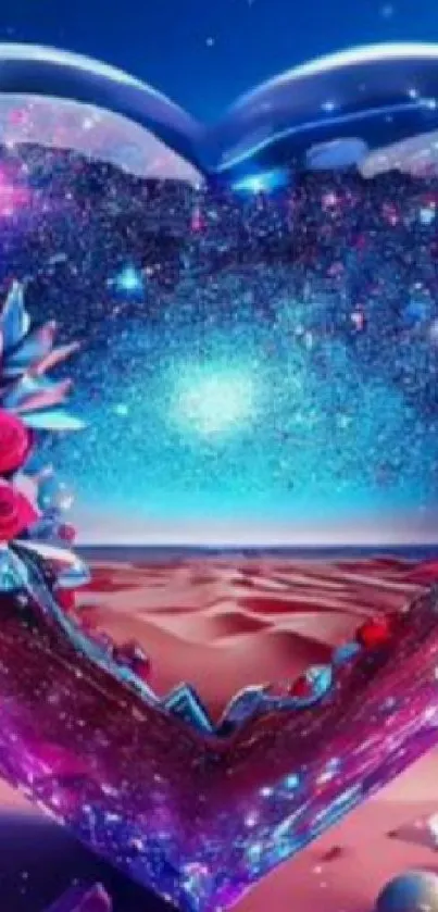 Romantic cosmic heart wallpaper with vibrant roses and a starry galaxy background.
