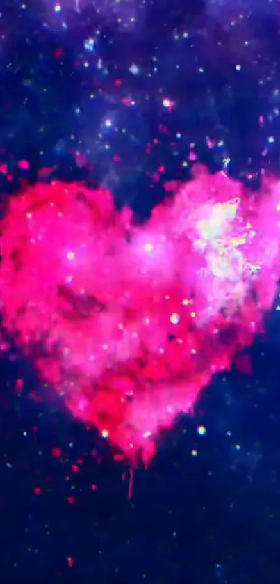 Cosmic pink heart in a starry galaxy background.