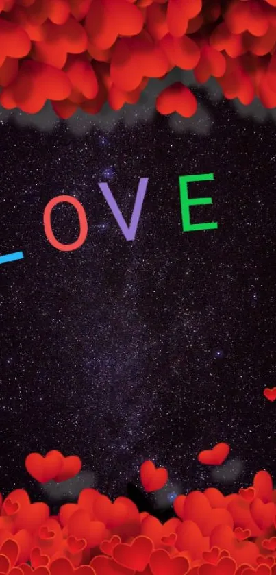 Romantic galaxy wallpaper with red hearts and 'LOVE' lettering.