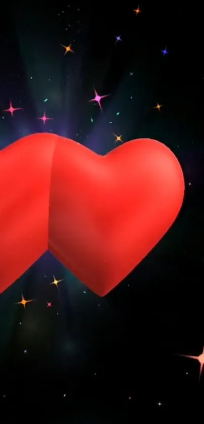 Two glowing red hearts on a starry galaxy background.