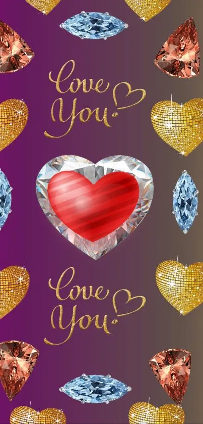 Romantic phone wallpaper with gem hearts and gold accents.