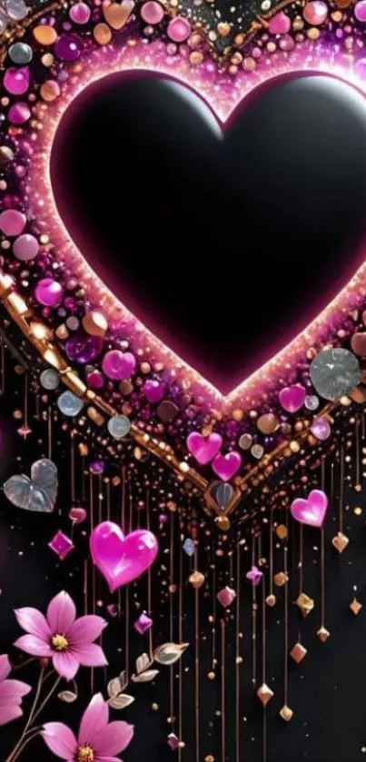 Heart-shaped gem design in pink and black with floral accents on mobile wallpaper.