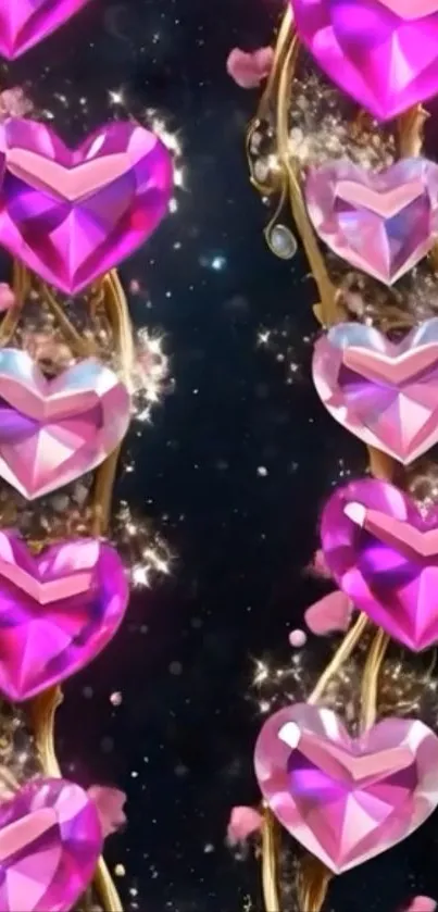 Romantic pink heart gem wallpaper with starry background.