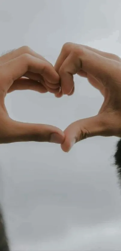 Hands forming a heart shape against a gray cloudy sky.