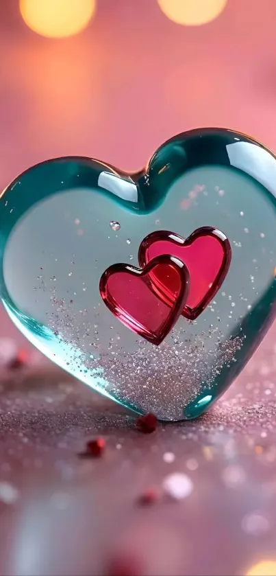 Glass heart with pink accents and sparkles on a soft background.