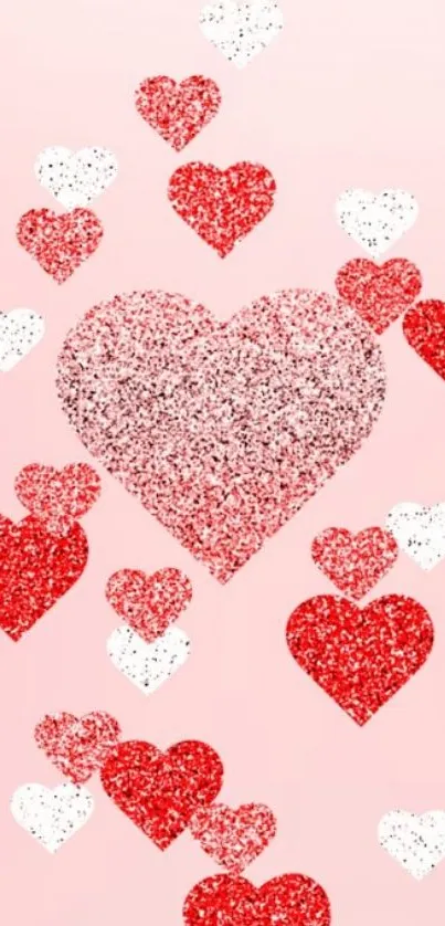 Romantic glitter heart wallpaper with pink background and red accents.