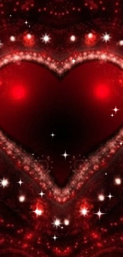 Glowing heart with red and white sparkles on a dark background.