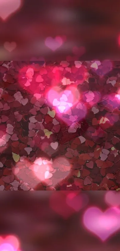 Romantic wallpaper with glowing heart pattern in dark red tones.