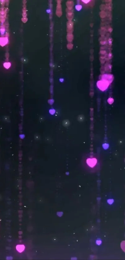 Romantic wallpaper with glowing pink and purple hearts on a dark background.