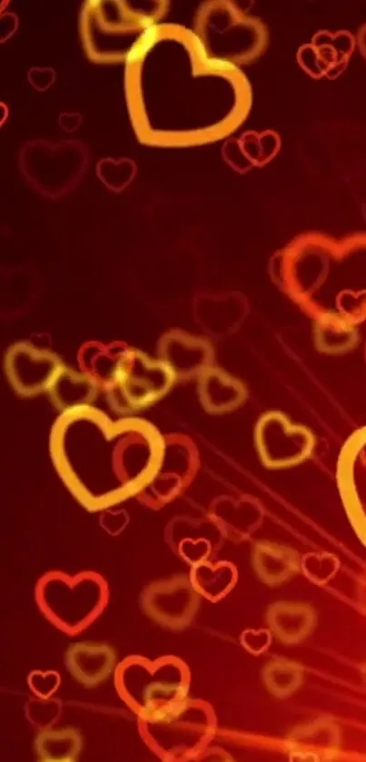 Romantic red wallpaper with glowing hearts.