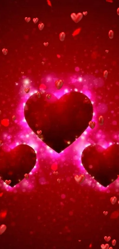 Three glowing red hearts on a vibrant background.