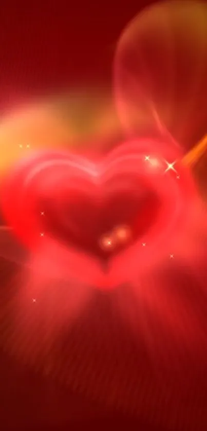 Romantic glowing heart wallpaper with vibrant red hues and sparkles.