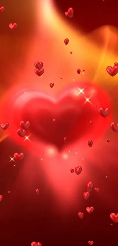 Glowing red heart with floating, sparkling hearts on a vibrant red background.