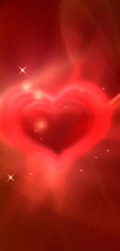 Romantic glowing heart with starry accents on a red background.