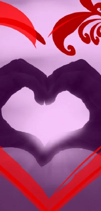 Purple heart wallpaper with hands forming a heart shape and a red overlay.