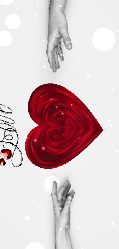 Romantic mobile wallpaper with red heart and reaching hands symbolizing love.