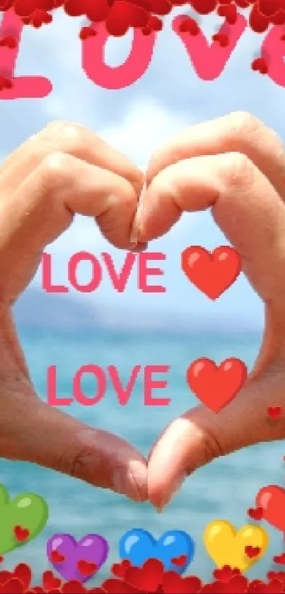 Hands forming a heart with love-themed elements over an ocean backdrop.