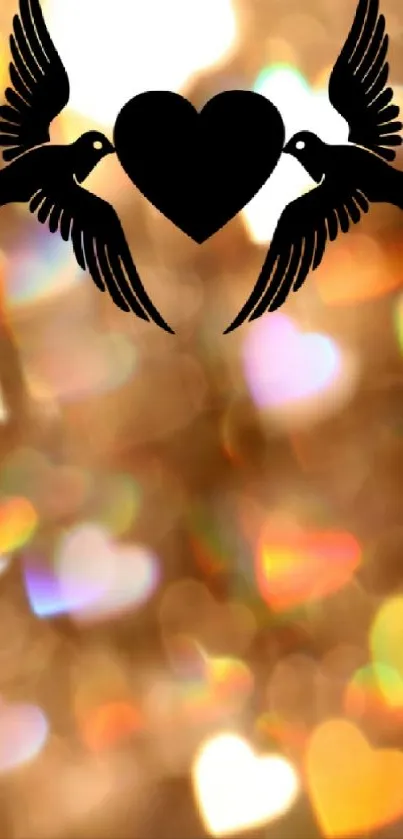 Two hummingbirds around heart with golden bokeh background.