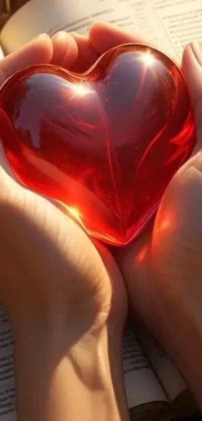 Heart-shaped red object held in hands over an open book.