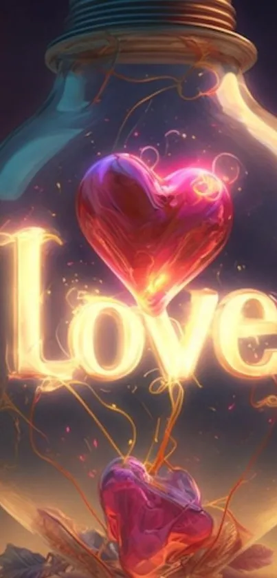 A glowing heart inside a glass jar with vibrant pink hues.