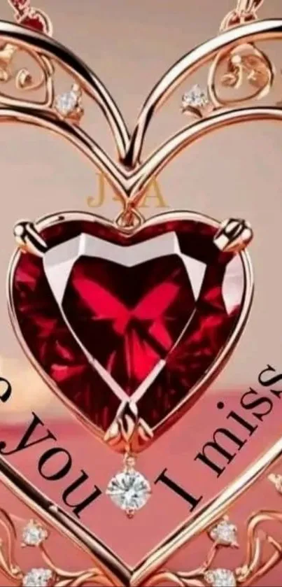 Sparkling red heart jewel with love messages on a mobile wallpaper.