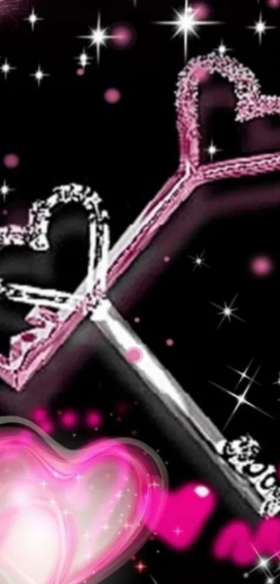 Romantic wallpaper with heart-shaped key and pink sparkle on black background.