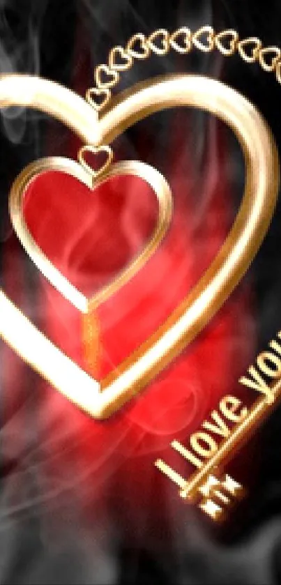 Romantic heart and key wallpaper in red and gold hues with black background.