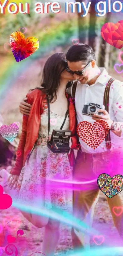 Romantic mobile wallpaper with kissing couple and colorful hearts.