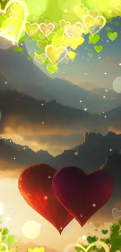 Romantic hearts against a scenic mountain backdrop with glowing hues.