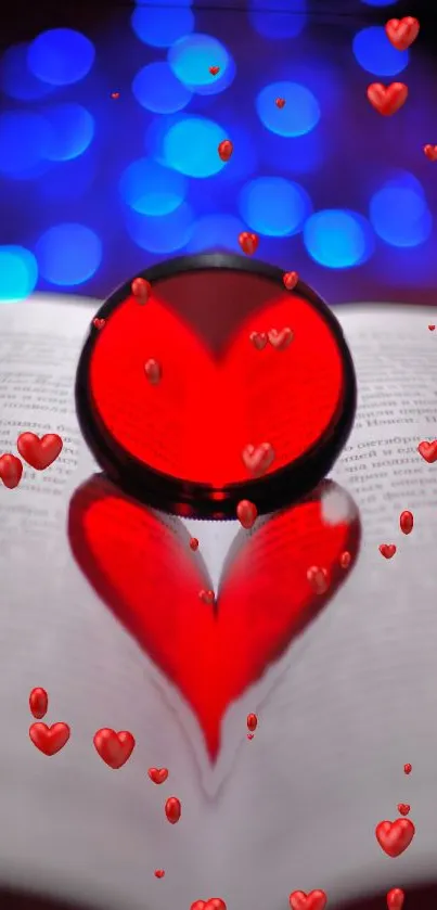 Heart-shaped lens on book with blue bokeh lights.