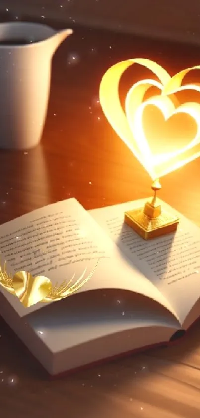 Romantic heart-shaped light glowing above an open book on a wooden table.