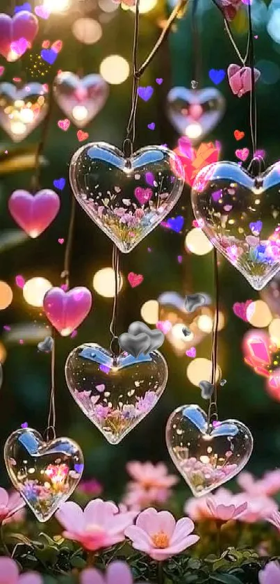 Heart-shaped lights in a dreamy garden scene with pink flowers.