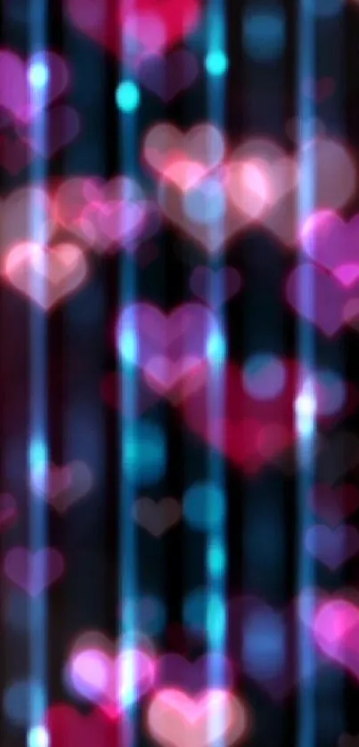 Bokeh wallpaper with pink heart-shaped lights on a dark background.