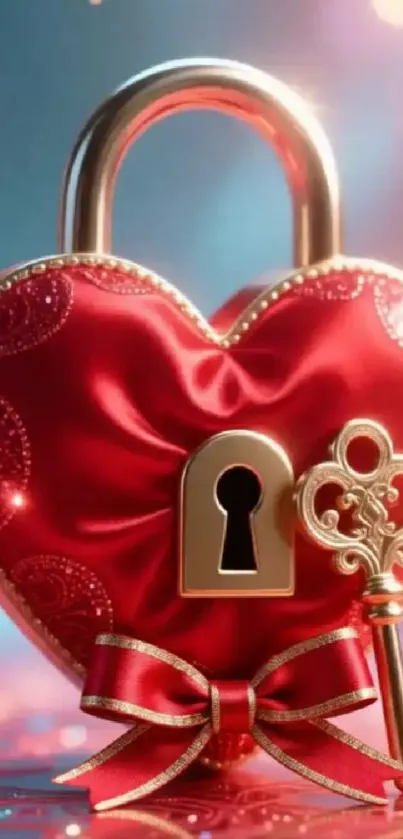 Heart-shaped lock with ornate key on red satin background.