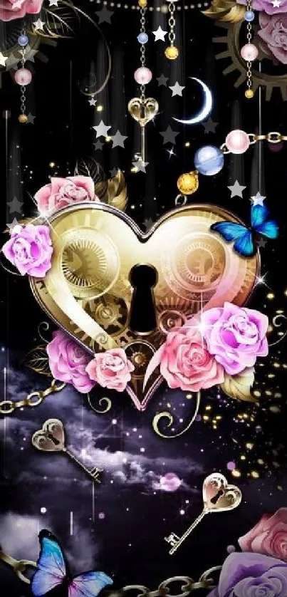 Romantic heart lock wallpaper with roses and butterflies.