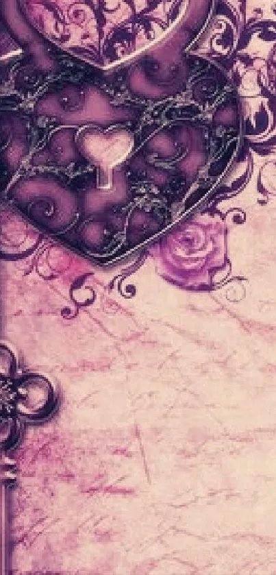 Romantic heart lock and key wallpaper in pink with floral patterns.