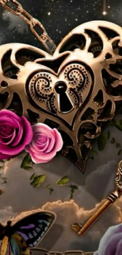 Romantic heart lock with roses and key under a night sky.