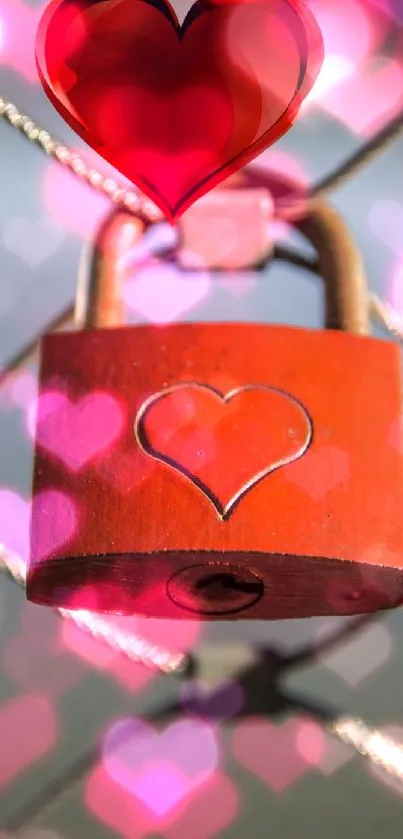 Red heart lock on fence with love symbol.