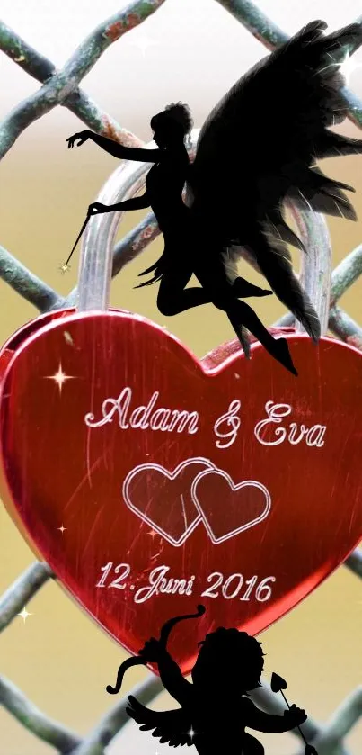 Romantic heart lock with fairy silhouettes on chain background.