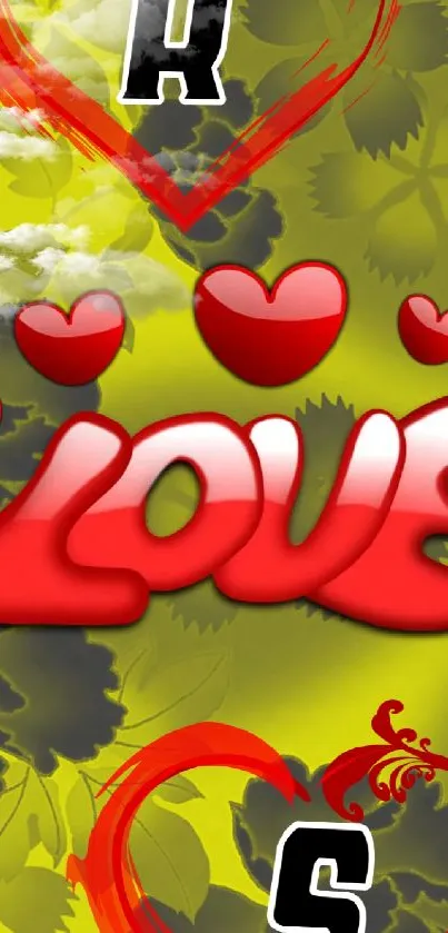 Romantic wallpaper with hearts and love text on yellow-green background.