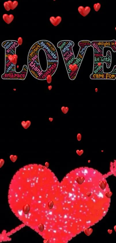 Vibrant love-themed wallpaper with red hearts and text for mobile screens.